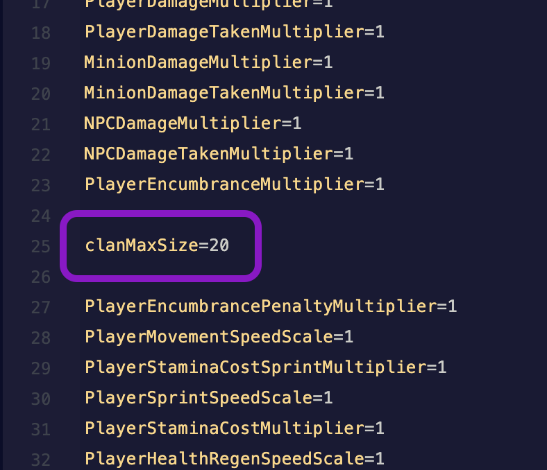 Text editor showing the ServerSettings.ini file with the MaxClanSize line highlighted