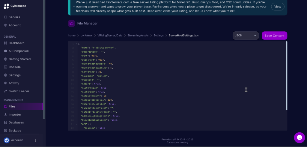 Vrising Serverhostsettings.json open in Files Tab unmarked
