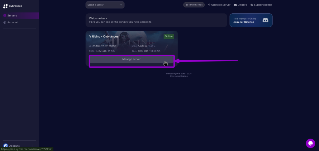 Vrising panel logged for server selection highlighted with arrow