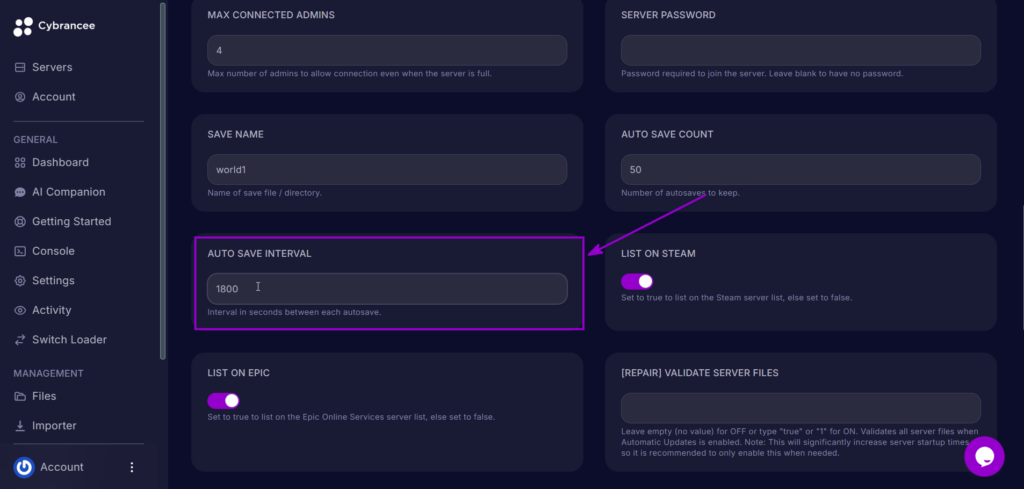 Auto Save Interval set to 1800 seconds