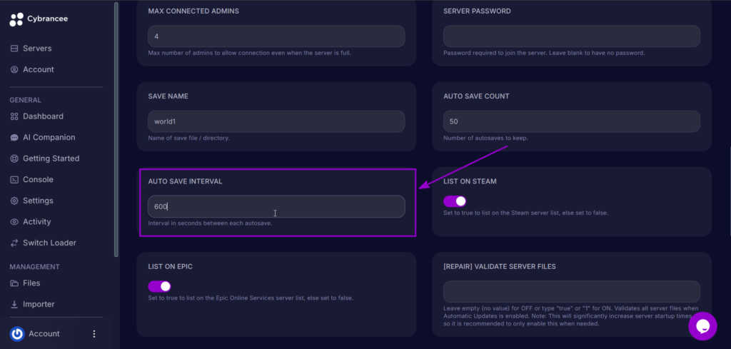 Auto Save Interval set to 600 seconds