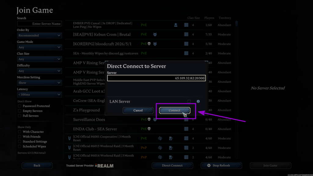 Connect button in the Direct Connect menu