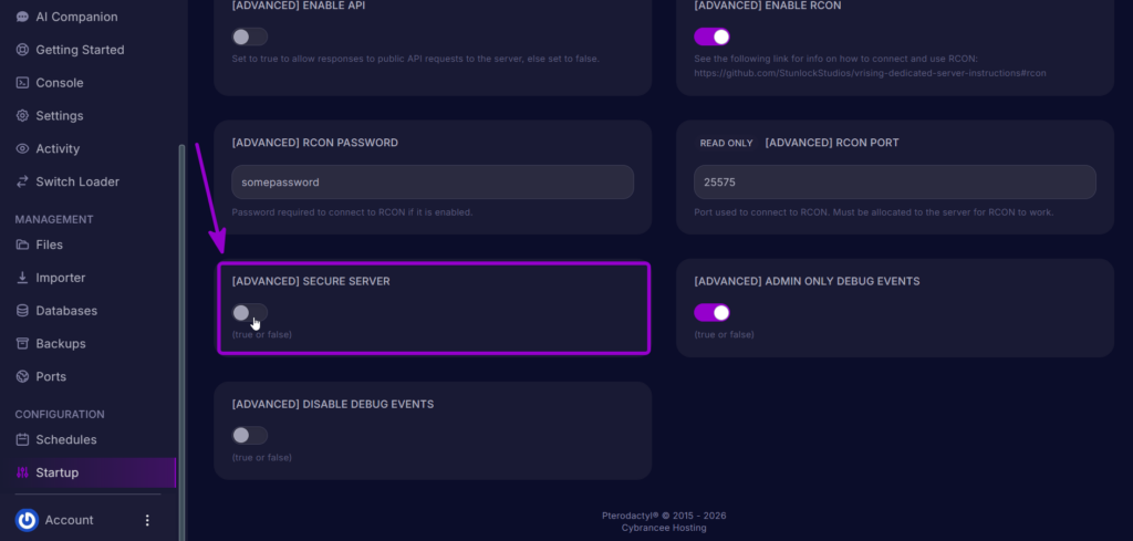 Secure Server toggle Disable in the Startup tab
