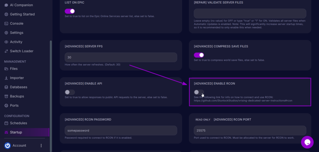 Enable RCON setting disabled