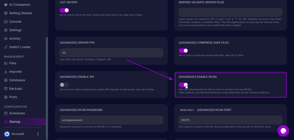 Enable RCON setting enabled