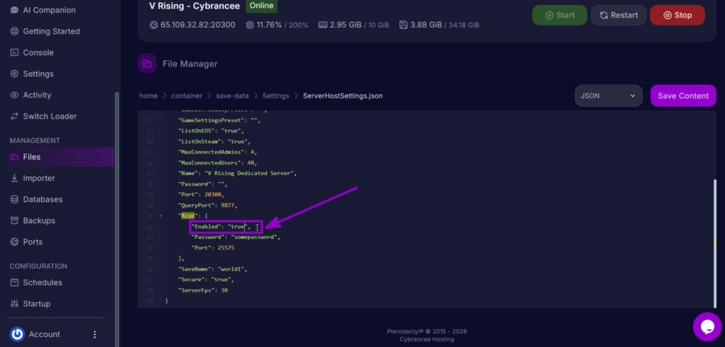 RCON Enabled value set to true in ServerHostSettings.json