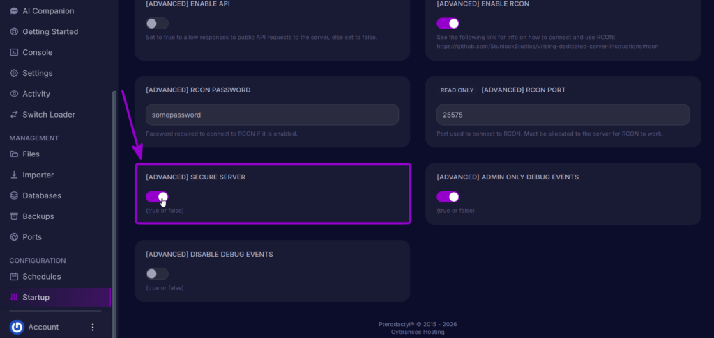 Secure Server toggle Enable on in the Startup tab