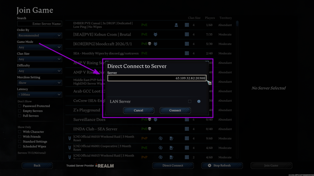 Server port and Server address entered into Direct Connect