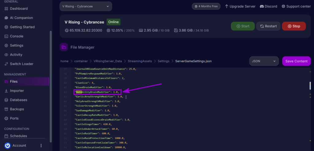 DurabilityDrainModifier setting inside ServerGameSettings.json