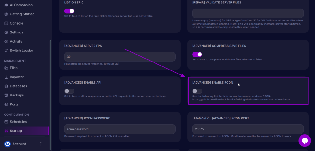Enable RCON option in the Startup tab