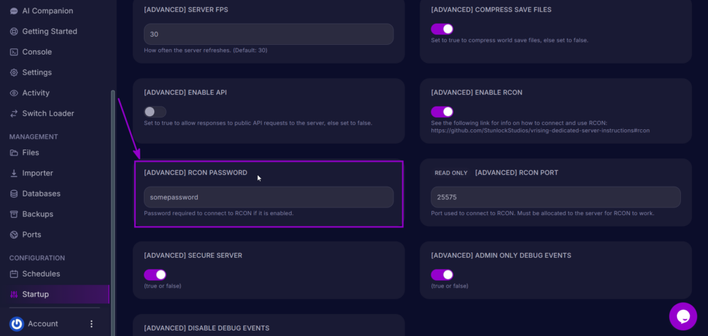 RCON Password setting in the Startup tab