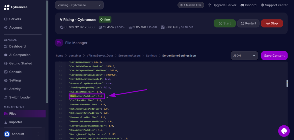 RecipeCostModifier value in ServerGameSettings.json.