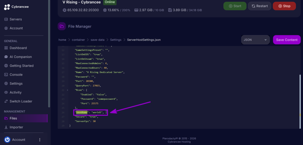 SaveName value in ServerHostSettings.json