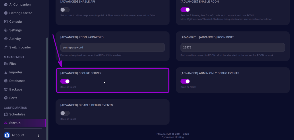 Secure Server setting displayed in the Startup page