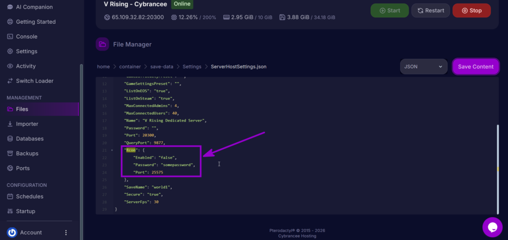 RCON configuration section inside ServerHostSettings.json