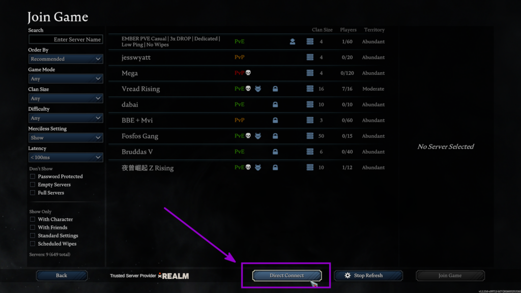 Direct Connect option in V Rising