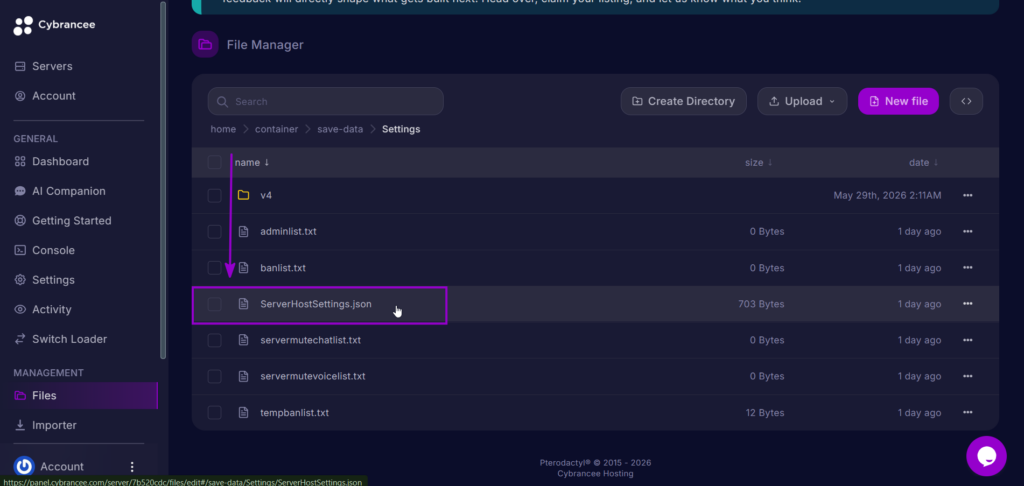 ServerHostSettings.json file in the V Rising file manager