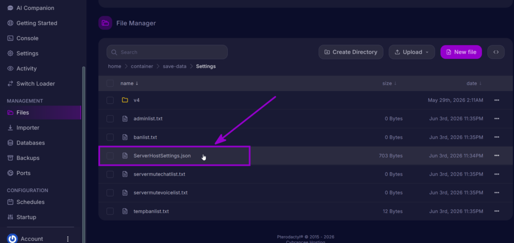 ServerHostSettings.json file in the File Manager