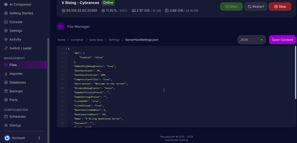 Inside of ServerHostSettings.json file
