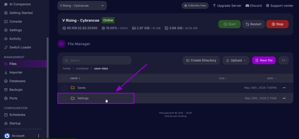 Settings folder in the File Manager