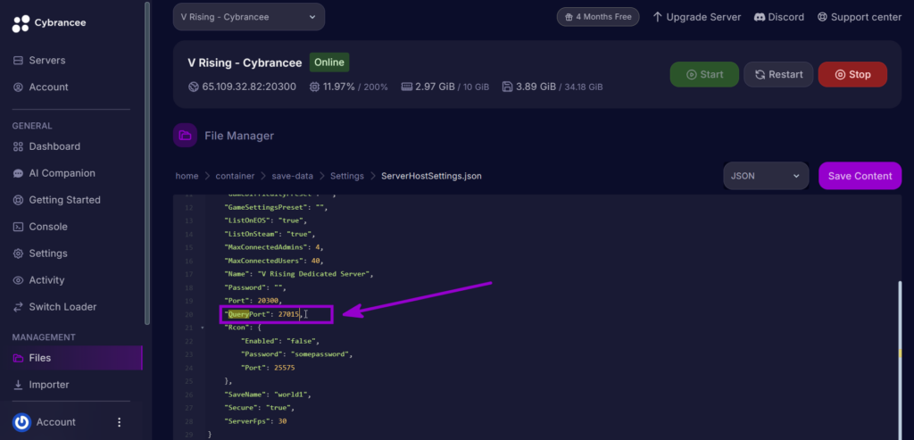 Modified QueryPort value in ServerHostSettings.json