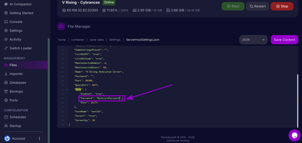 Custom RCON password configured in ServerHostSettings.json