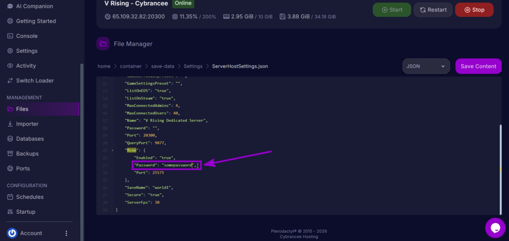 RCON password in ServerHostSettings.json