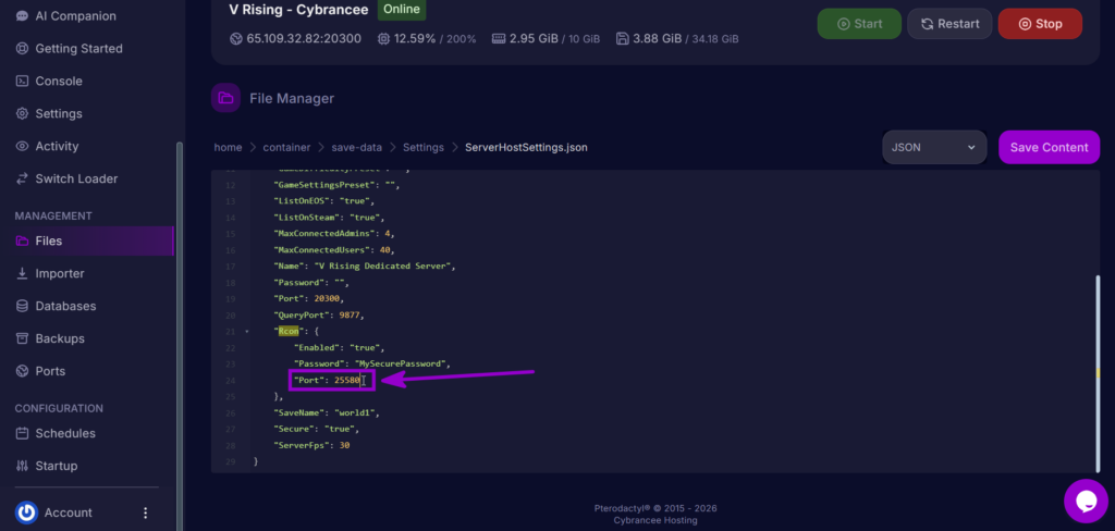 RCON port configuration in ServerHostSettings.json