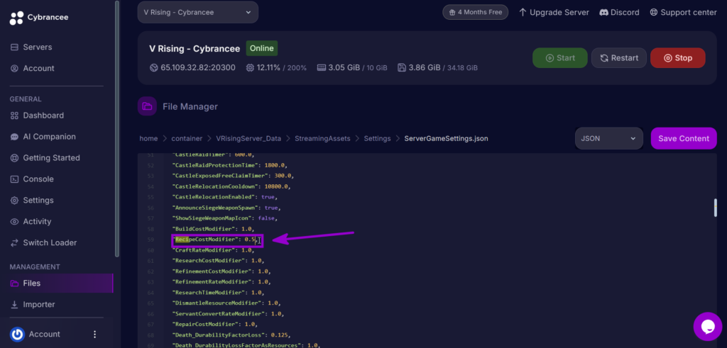 Modified RecipeCostModifier value to 0.5 in ServerGameSettings.json.