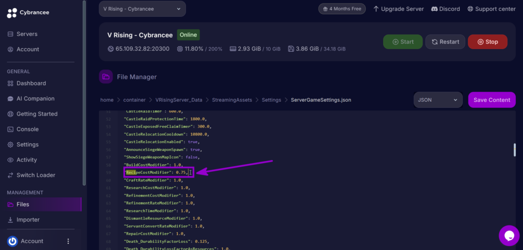Modified RecipeCostModifier value to 0.75 in ServerGameSettings.json.