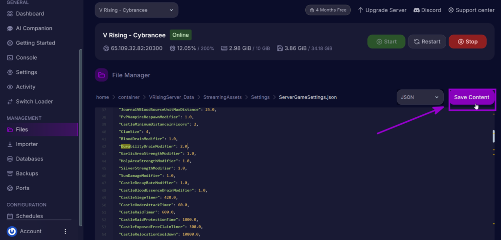 Save Content button used to save ServerGameSettings.json modifications