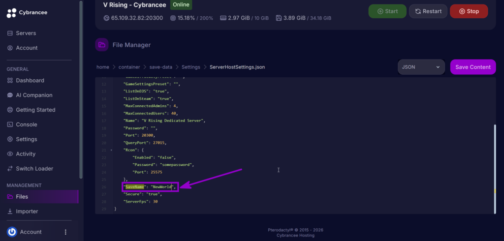 Modified SaveName value to NewWorld in ServerHostSettings.json