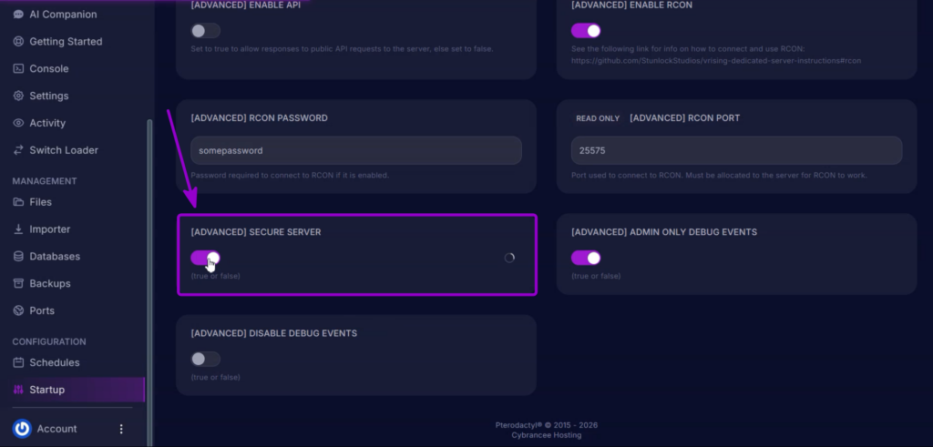 Updated Secure Server setting in the Startup configuration page