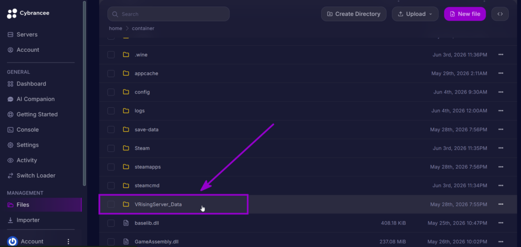 VRisingServer_Data folder in the File Manager