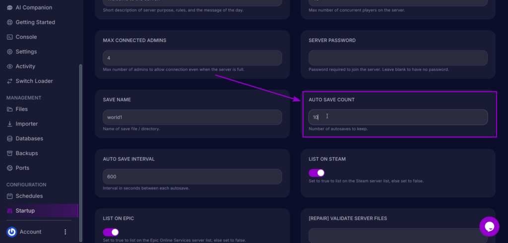 Auto Save Count set to 10