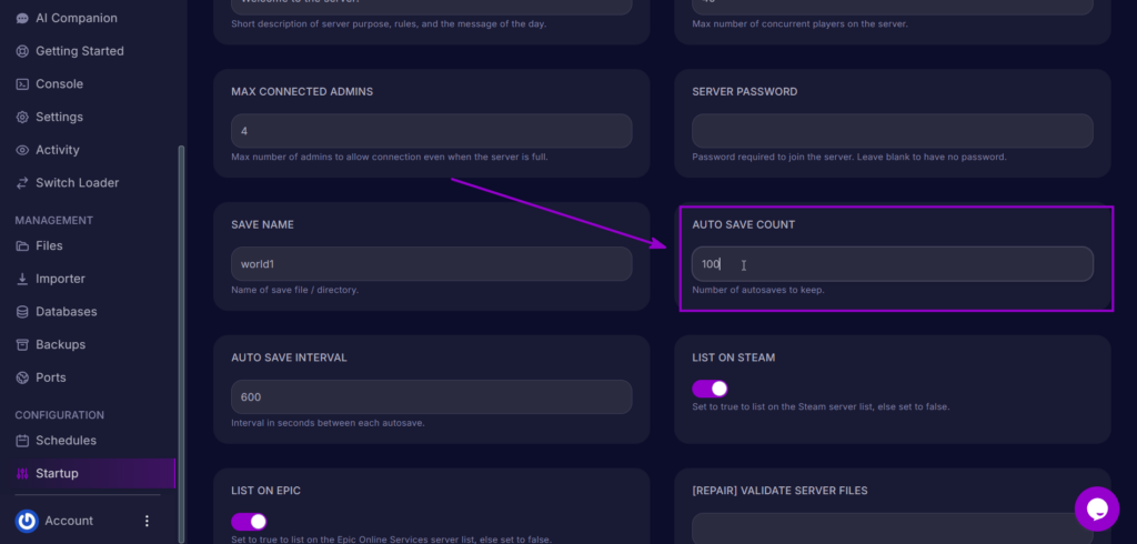 Auto Save Count set to 100