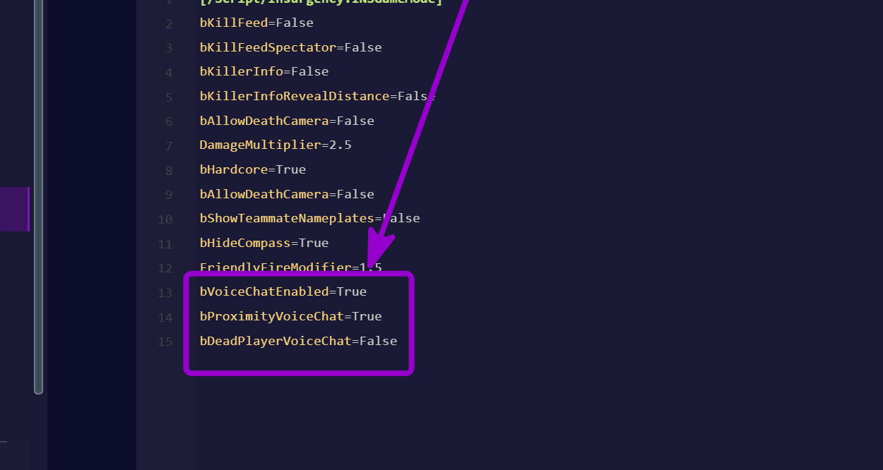 'bVoiceChatEnabled,
bProximityVoiceChat and
bDeadPlayerVoiceChat' outliend with arrow