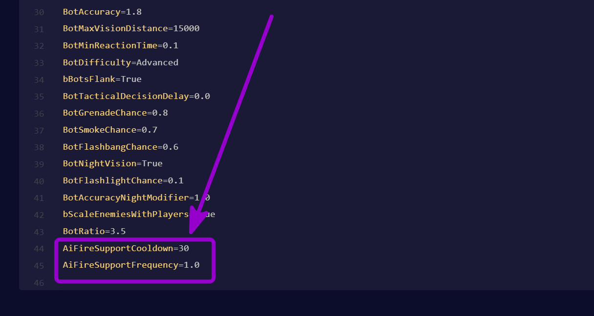 'AiFireSupportCooldown and
AiFireSupportFrequency' out;lined with arrow