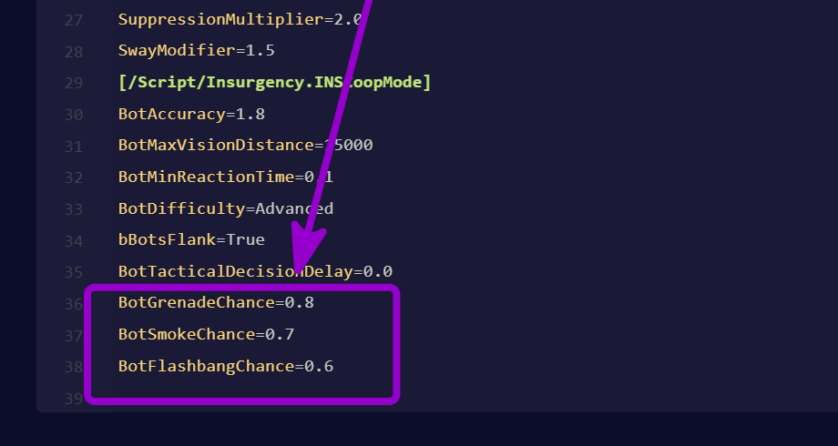 'BotGrenadeChance,
BotSmokeChance and
BotFlashbangChance' outlined with arrow