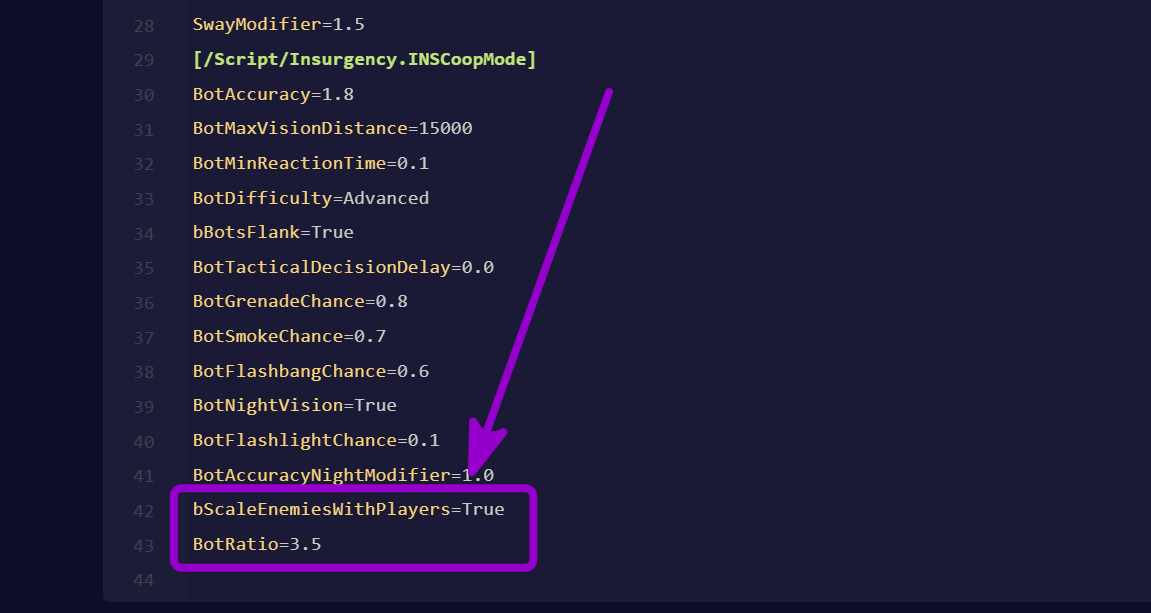 'bScaleEnemiesWithPlayers and
BotRatio' outlined with arrow