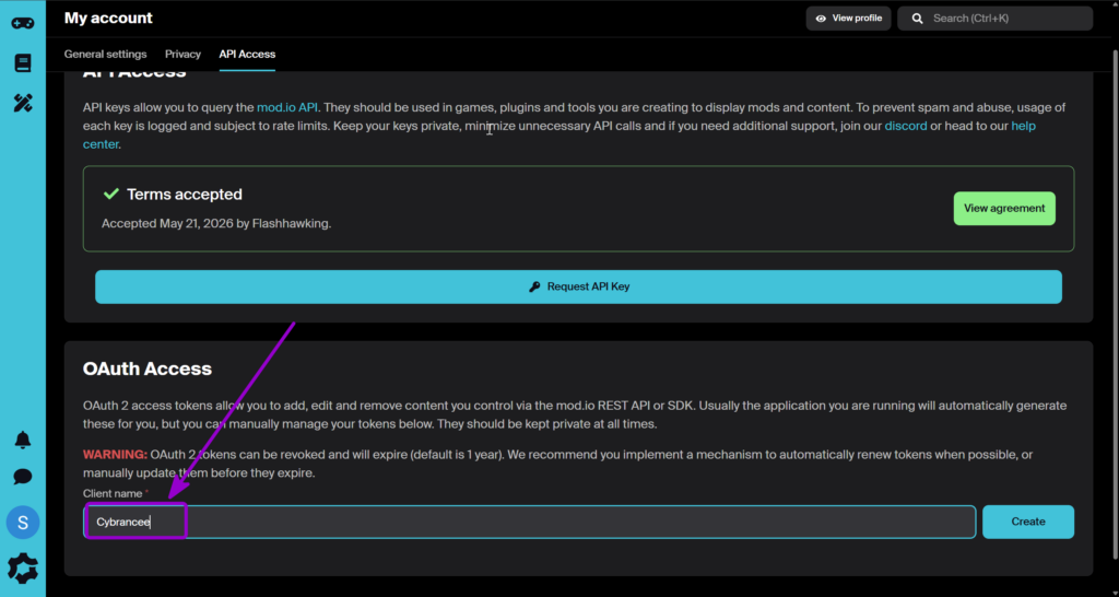 Arrow points down to a text input field labeled 'Client name' within the 'OAuth Access' section