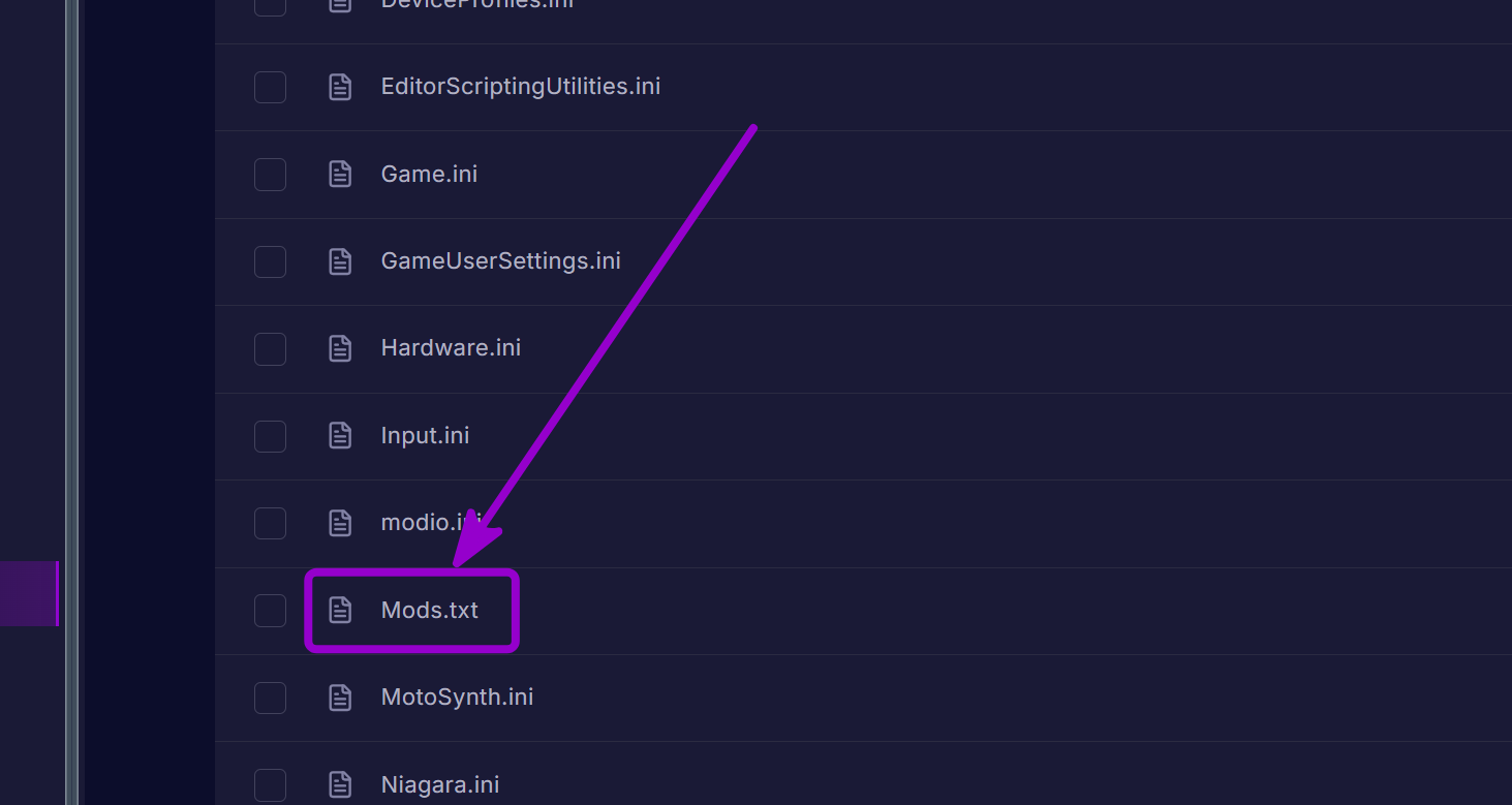 'Mods.txt' outlined with arrow 