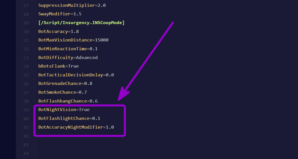 'BotNightVision=True,
BotFlashlightChance and
BotAccuracyNightModifier'