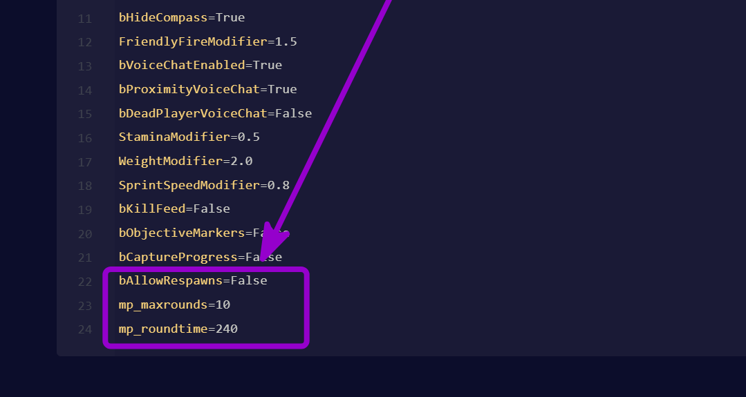 'bAllowRespawn,
mp_maxrounds and
mp_roundtim' outlined with arrow