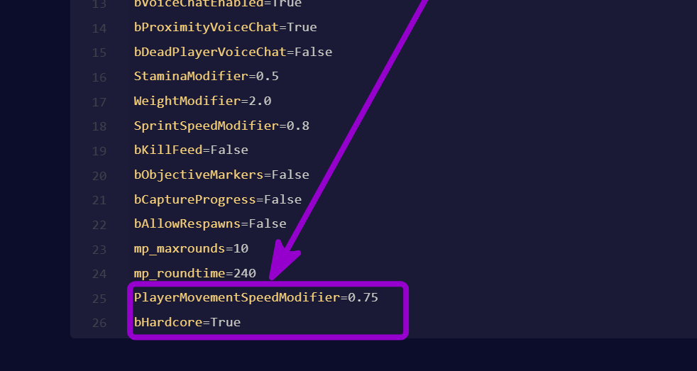 'PlayerMovementSpeedModifier and
bHardcore' outlined with arrow