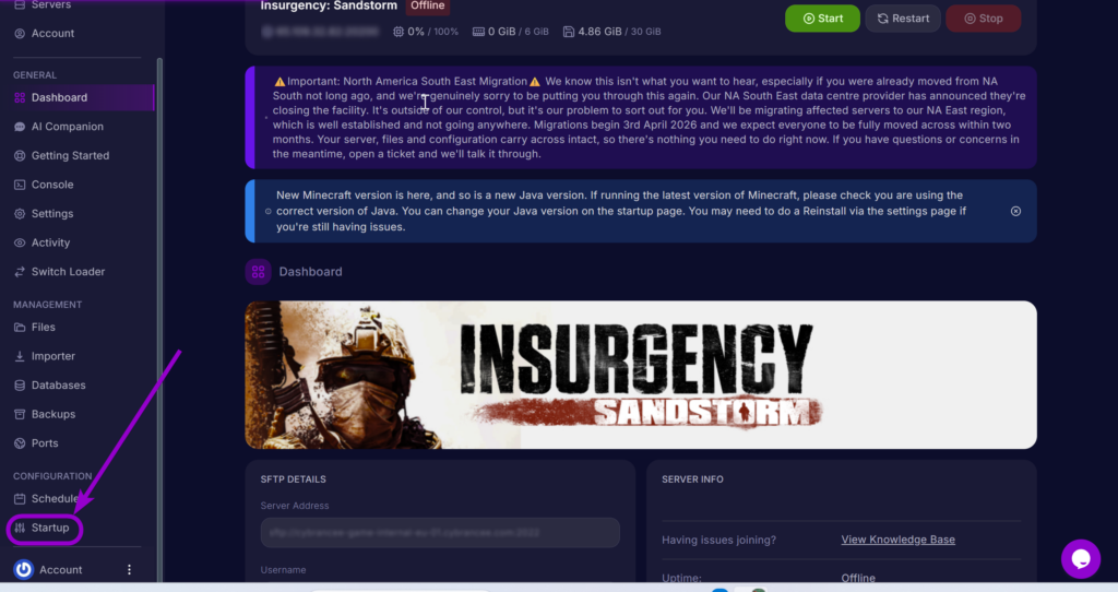 'Startup' tab outlined with arrow