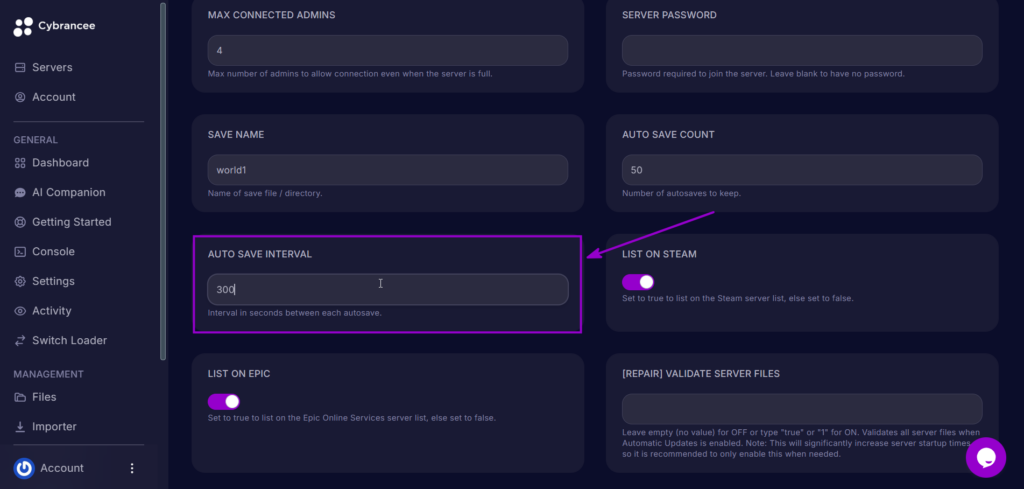 Auto Save Interval set to 300 seconds