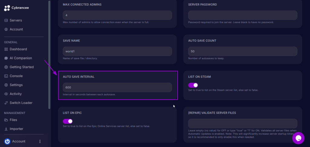 Auto Save Interval setting in the V Rising Startup tab