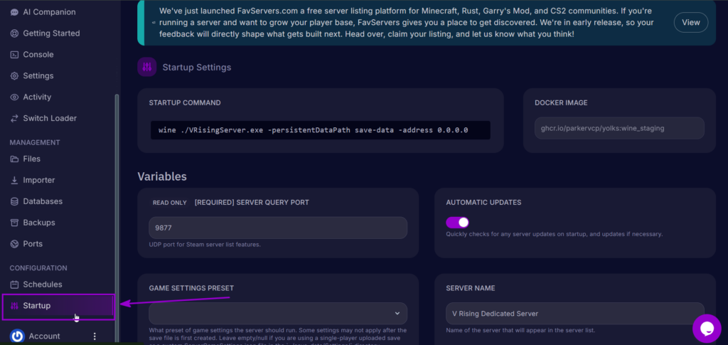 Startup tab in the Cybrancee panel