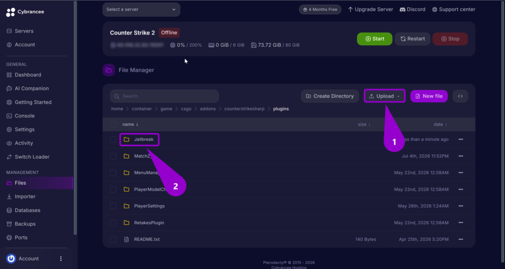 A arrow labeled '1' points to the 'Upload' button in the upper right, and a second arrow labeled '2' points to the 'Jailbreak' folder in the file list, demonstrating where to upload the plugin files.